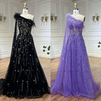 Vestido de noche de lujo color lila, corte A, un hombro, mangas capa, plumas y cuentas, para mujer, fiesta de boda LA72503A 