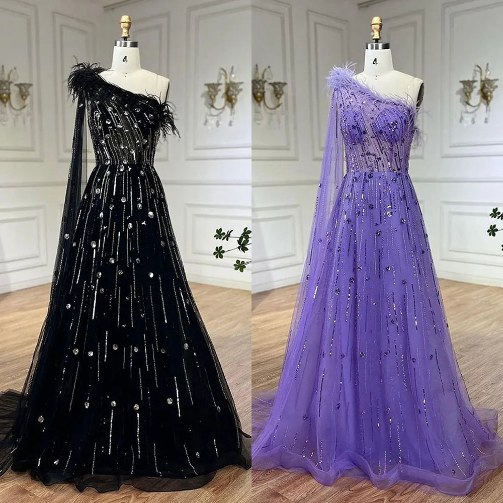 Vestido de noche de lujo color lila, corte A, un hombro, mangas capa, plumas y cuentas, para mujer, fiesta de boda LA72503A 