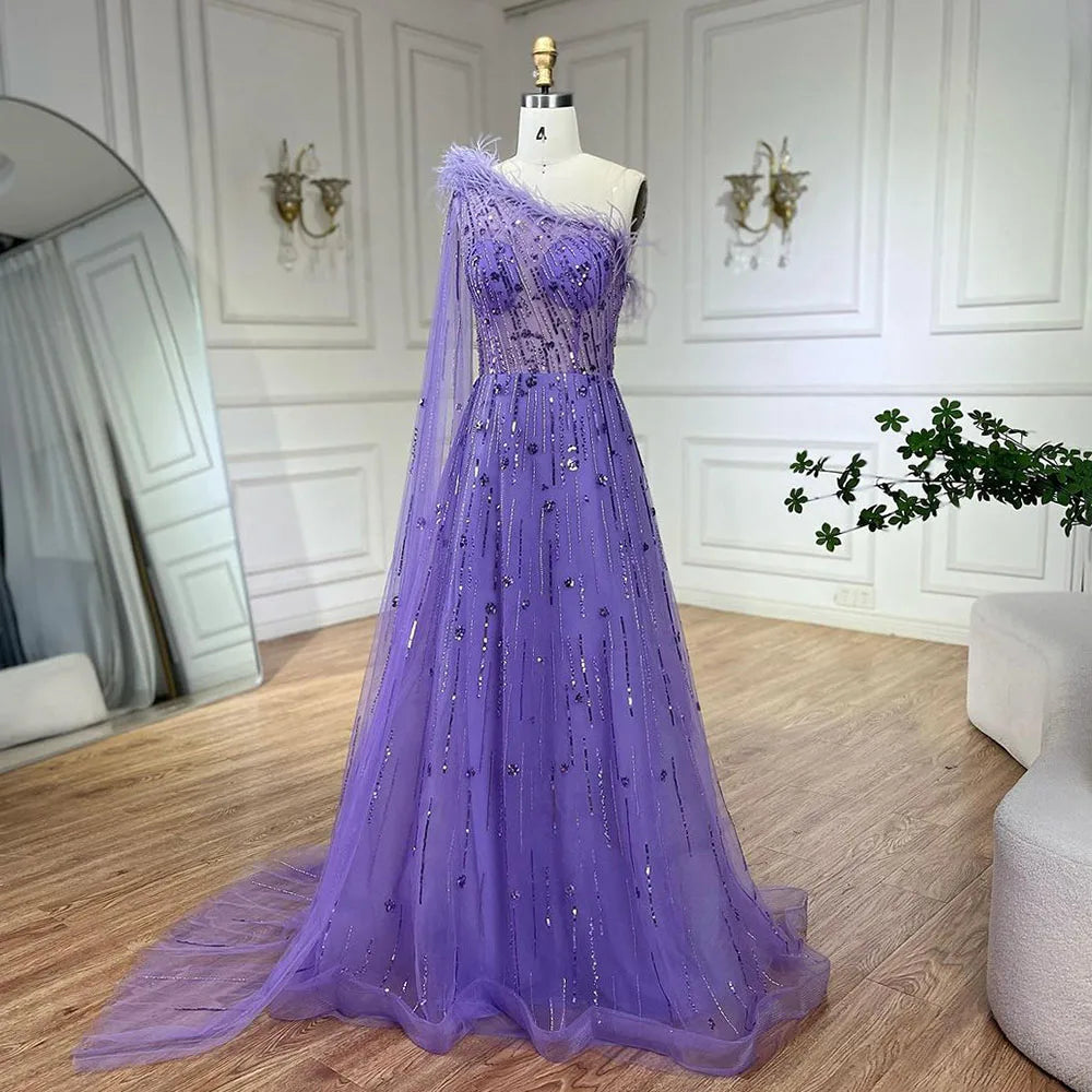 Vestido de noche de lujo color lila, corte A, un hombro, mangas capa, plumas y cuentas, para mujer, fiesta de boda LA72503A 