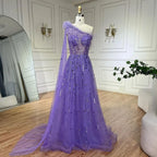 Vestido de noche de lujo color lila, corte A, un hombro, mangas capa, plumas y cuentas, para mujer, fiesta de boda LA72503A 