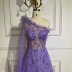 Vestido de noche de lujo color lila, corte A, un hombro, mangas capa, plumas y cuentas, para mujer, fiesta de boda LA72503A 