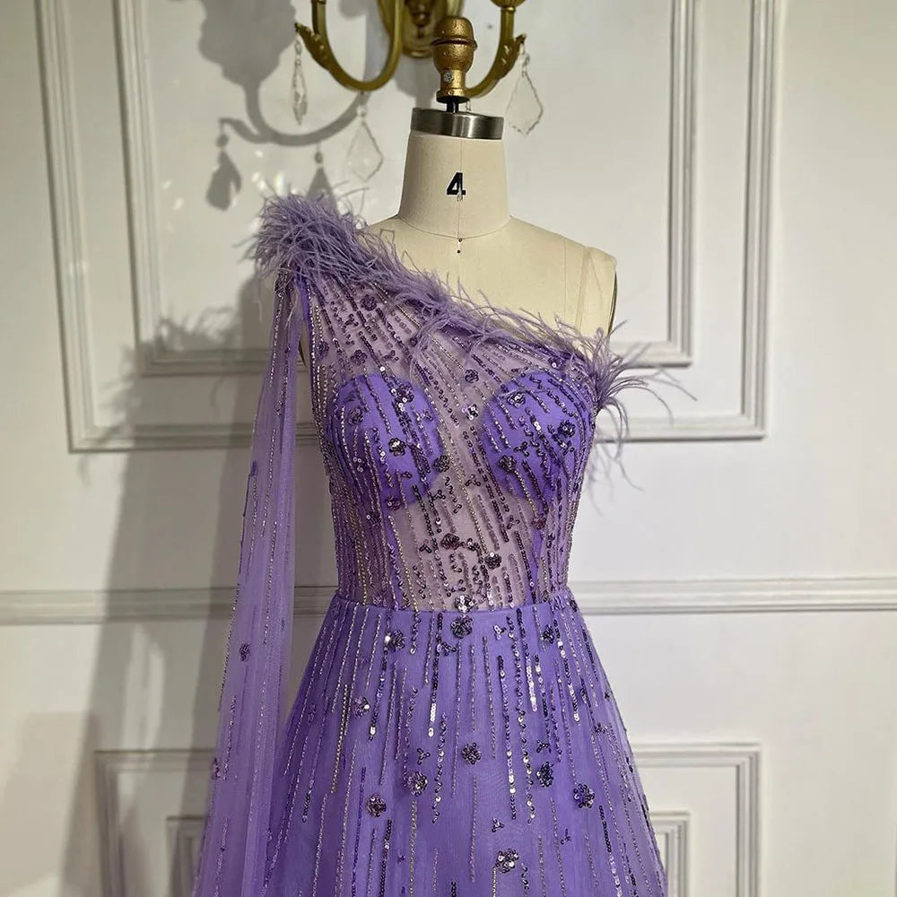 Vestido de noche de lujo color lila, corte A, un hombro, mangas capa, plumas y cuentas, para mujer, fiesta de boda LA72503A 