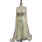 Vestido de noche de lujo amarillo cristal con mangas estilo capa LA72085