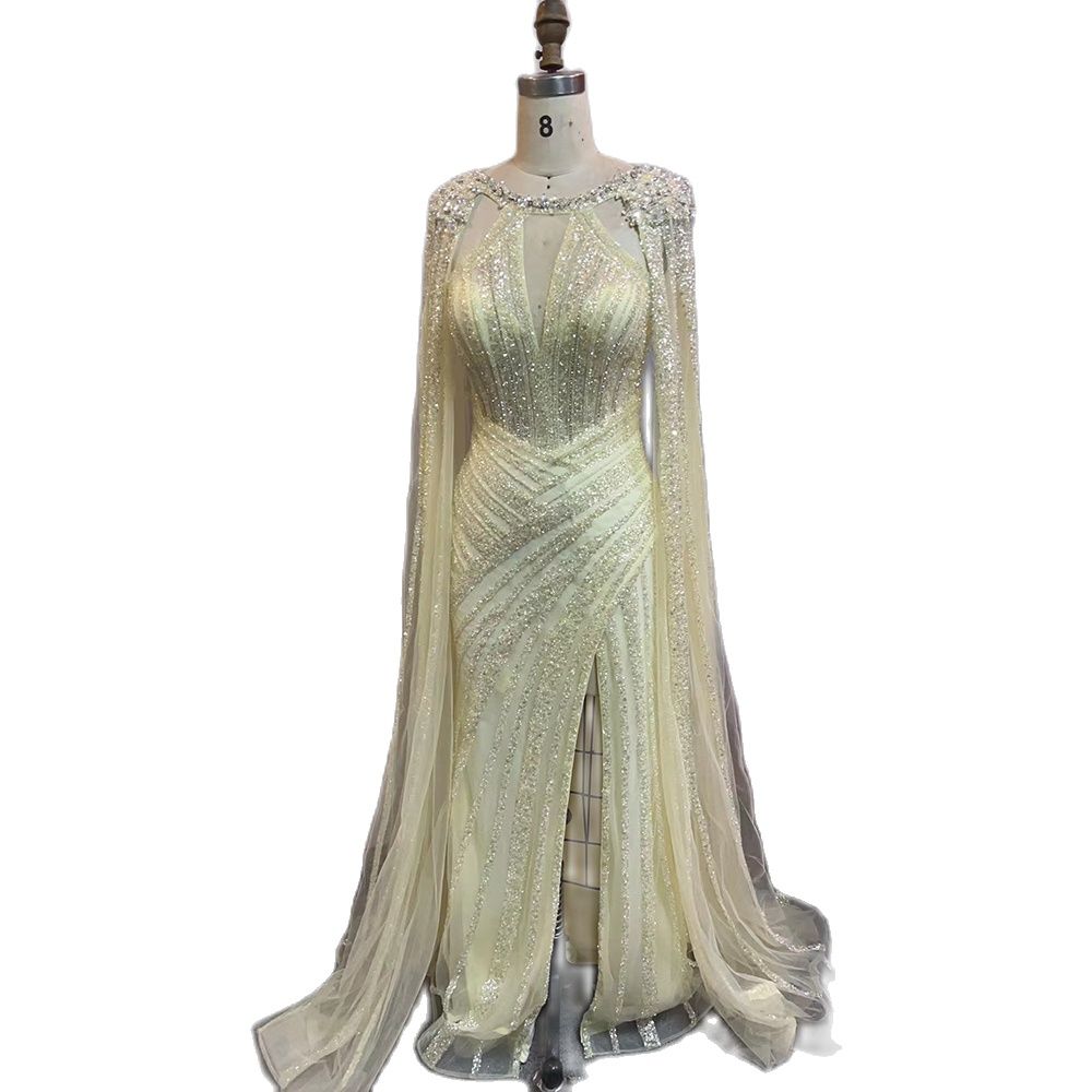 Luxury Crystal Yellow Evening Dress with Cape Sleeves LA72085