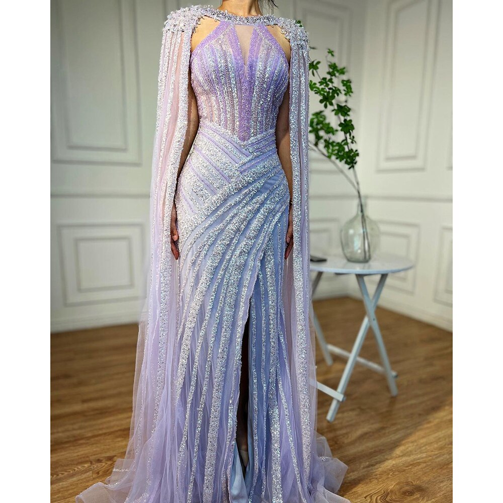Vestido de noche de lujo amarillo cristal con mangas estilo capa LA72085
