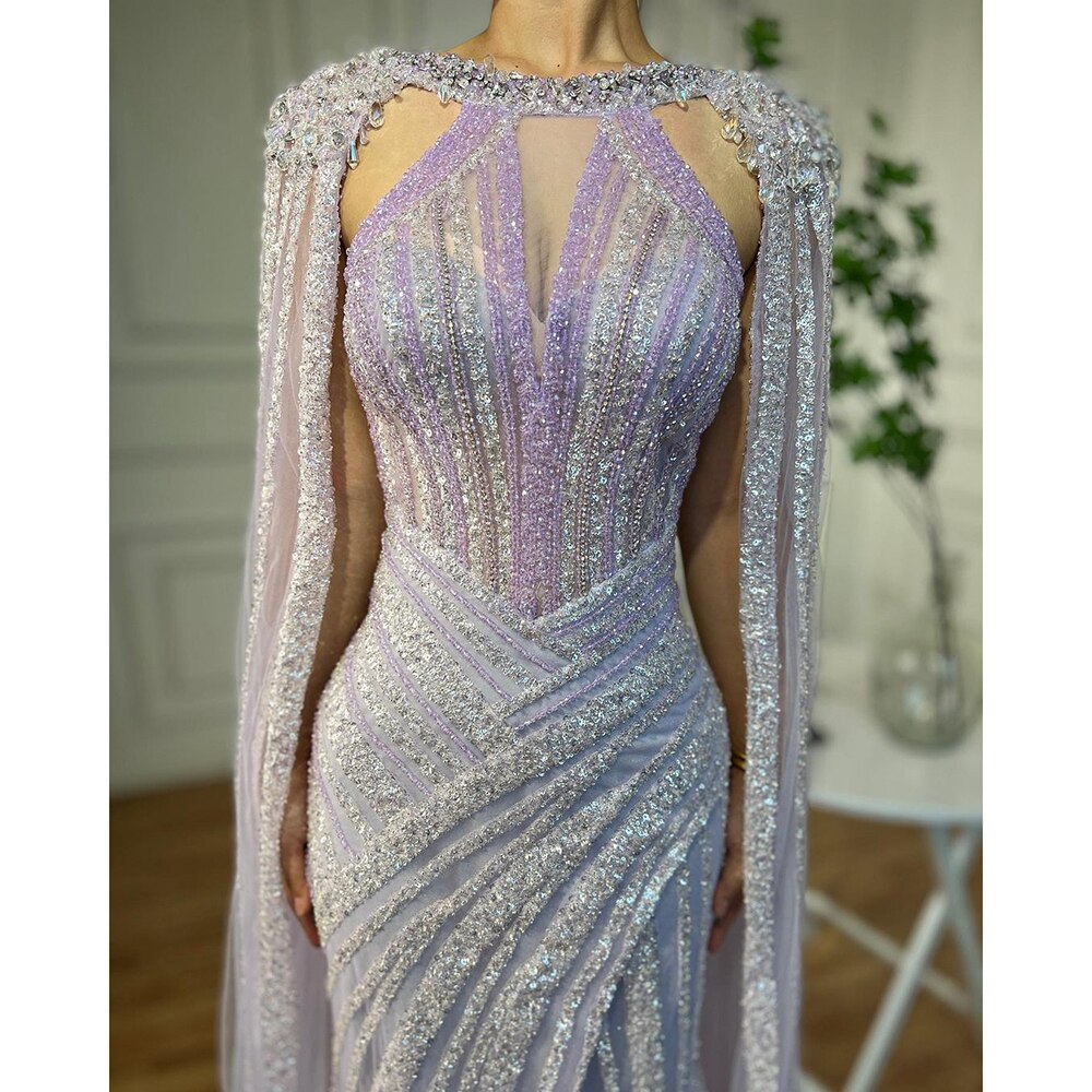Vestido de noche de lujo amarillo cristal con mangas estilo capa LA72085