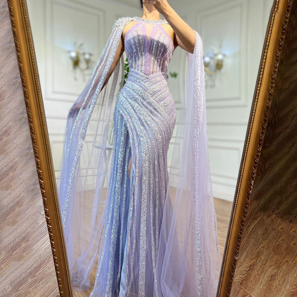Luxury Crystal Yellow Evening Dress with Cape Sleeves LA72085