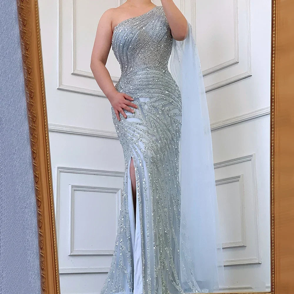 Lilac High Split Mermaid Elegant One Shoulder Evening Dresses Gowns Luxury Beaded 2025 For Women Party LA71493