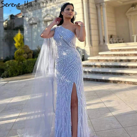 Lilac High Split Mermaid Elegant One Shoulder Evening Dresses Gowns Luxury Beaded 2025 For Women Party LA71493