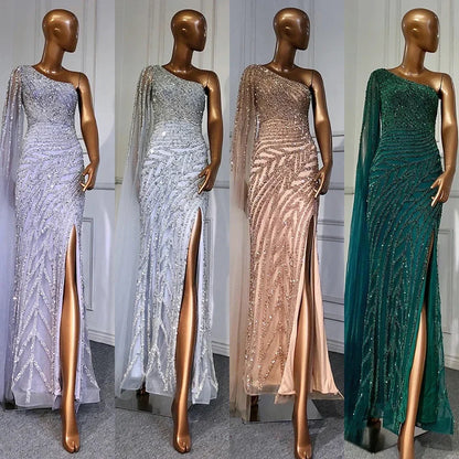 Lilac High Split Mermaid Elegant One Shoulder Evening Dresses Gowns Luxury Beaded 2025 For Women Party LA71493