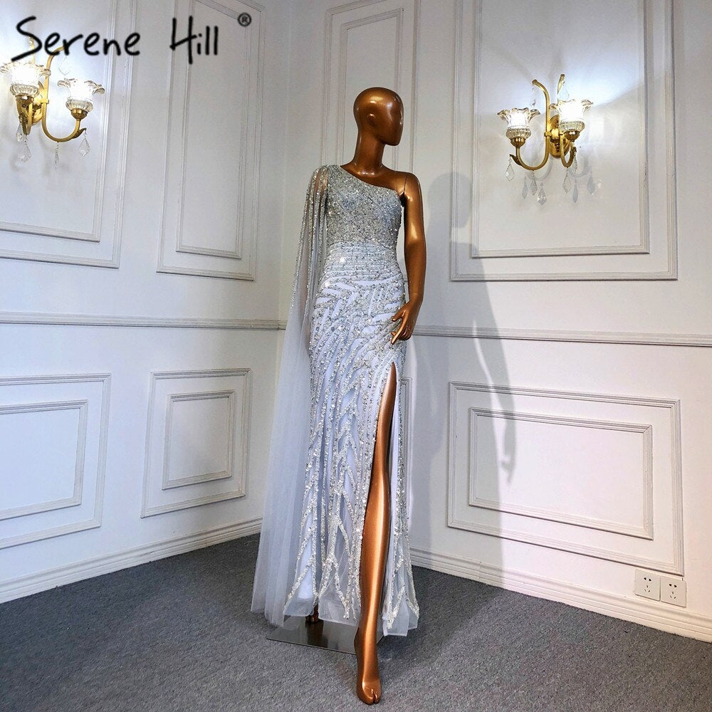 Lilac High Split Mermaid Elegant Sexy One Shoulder Evening Dresses Gowns Luxury Beaded 2025 For Women Party LA71493