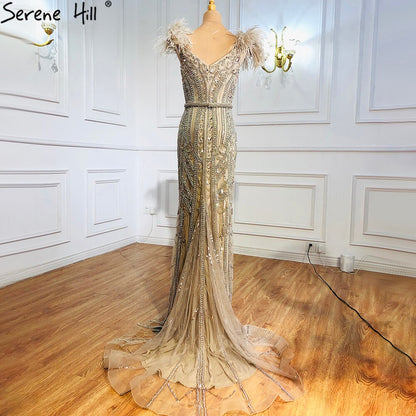 Lila Luxus-Abendkleid im Meerjungfrauenstil mit Perlen und Federn LA70830