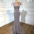 Vestido de noche de sirena de lujo color lila con cuentas y plumas LA70830