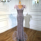 Vestido de noche de sirena de lujo color lila con cuentas y plumas LA70830