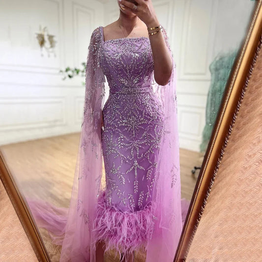 Lilafarbenes, knöchellanges, luxus Abendkleid mit Perlen und Cape im Meerjungfrauen-Stil LA71841 