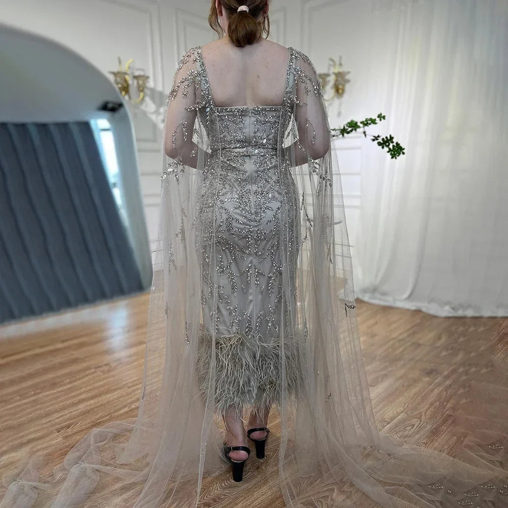 Lilafarbenes, knöchellanges, luxus Abendkleid mit Perlen und Cape im Meerjungfrauen-Stil LA71841 