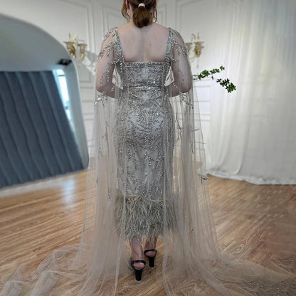 Lilafarbenes, knöchellanges, luxus Abendkleid mit Perlen und Cape im Meerjungfrauen-Stil LA71841 