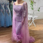 Lilafarbenes, knöchellanges, luxus Abendkleid mit Perlen und Cape im Meerjungfrauen-Stil LA71841 