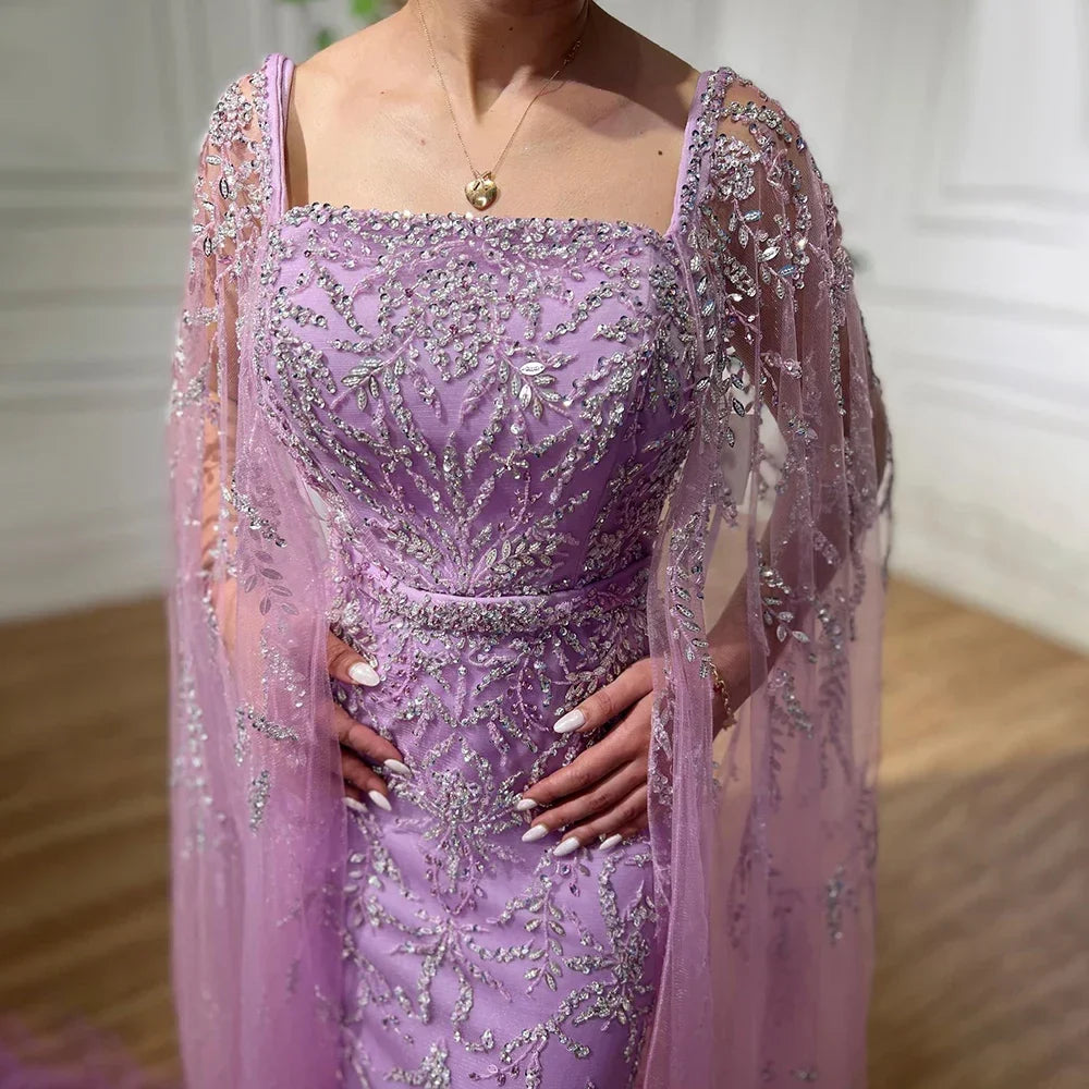 Lilafarbenes, knöchellanges, luxus Abendkleid mit Perlen und Cape im Meerjungfrauen-Stil LA71841 