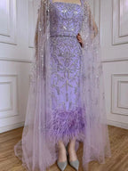Lilafarbenes, knöchellanges, luxus Abendkleid mit Perlen und Cape im Meerjungfrauen-Stil LA71841 