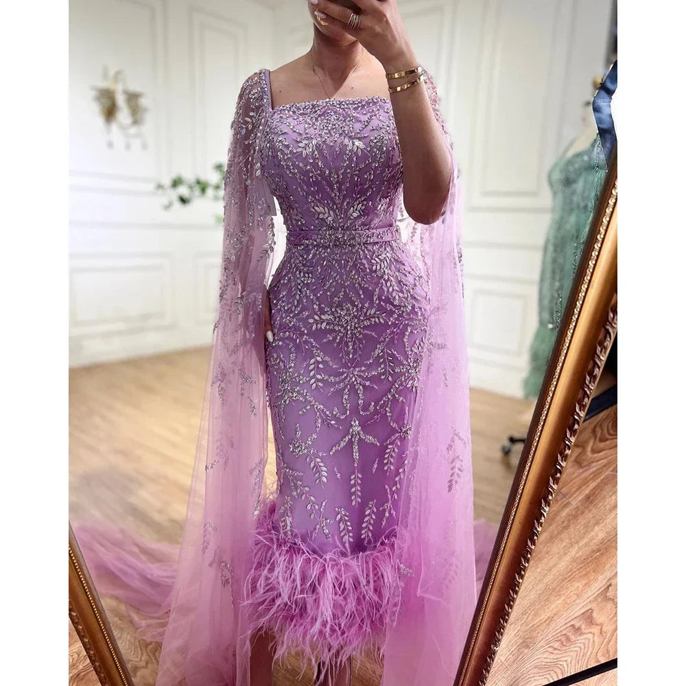 Lilafarbenes, knöchellanges, luxus Abendkleid mit Perlen und Cape im Meerjungfrauen-Stil LA71841 