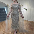 Lilafarbenes, knöchellanges, luxus Abendkleid mit Perlen und Cape im Meerjungfrauen-Stil LA71841 