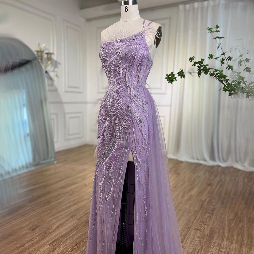 Lila Meerjungfrau Elegant Eine Schulter Federn Perlen Luxus Abendkleider Kleider 2025 Für Frauen Hochzeit Party LA72154 