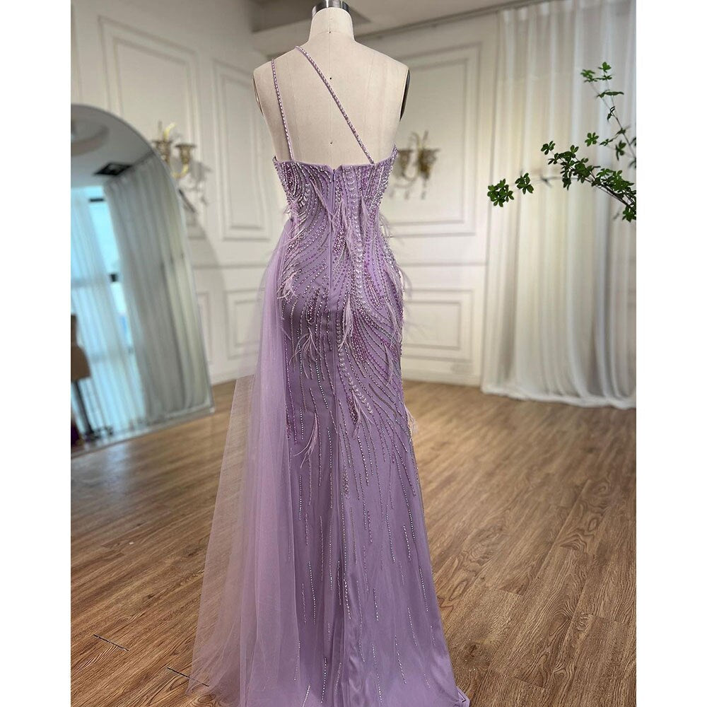 Lila Meerjungfrau Elegant Eine Schulter Federn Perlen Luxus Abendkleider Kleider 2025 Für Frauen Hochzeit Party LA72154 