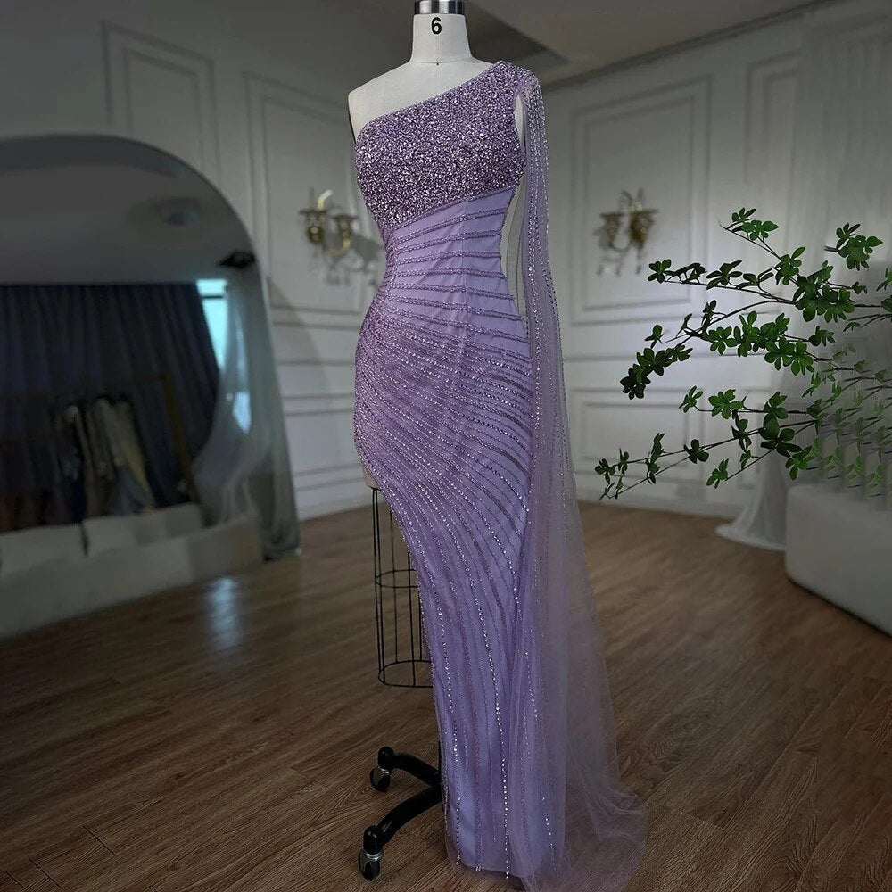 Lila Meerjungfrau Elegant Eine Schulter Sexy High Split Perlen Abendkleider Kleider 2025 Für Frauen Hochzeit Party LA72215 