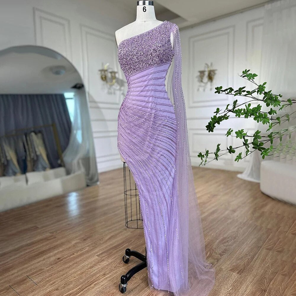 Lila Meerjungfrau Elegant Eine Schulter Sexy High Split Perlen Abendkleider Kleider 2025 Für Frauen Hochzeit Party LA72215 