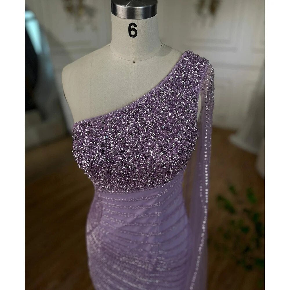 Lila Meerjungfrau Elegant Eine Schulter Sexy High Split Perlen Abendkleider Kleider 2025 Für Frauen Hochzeit Party LA72215 