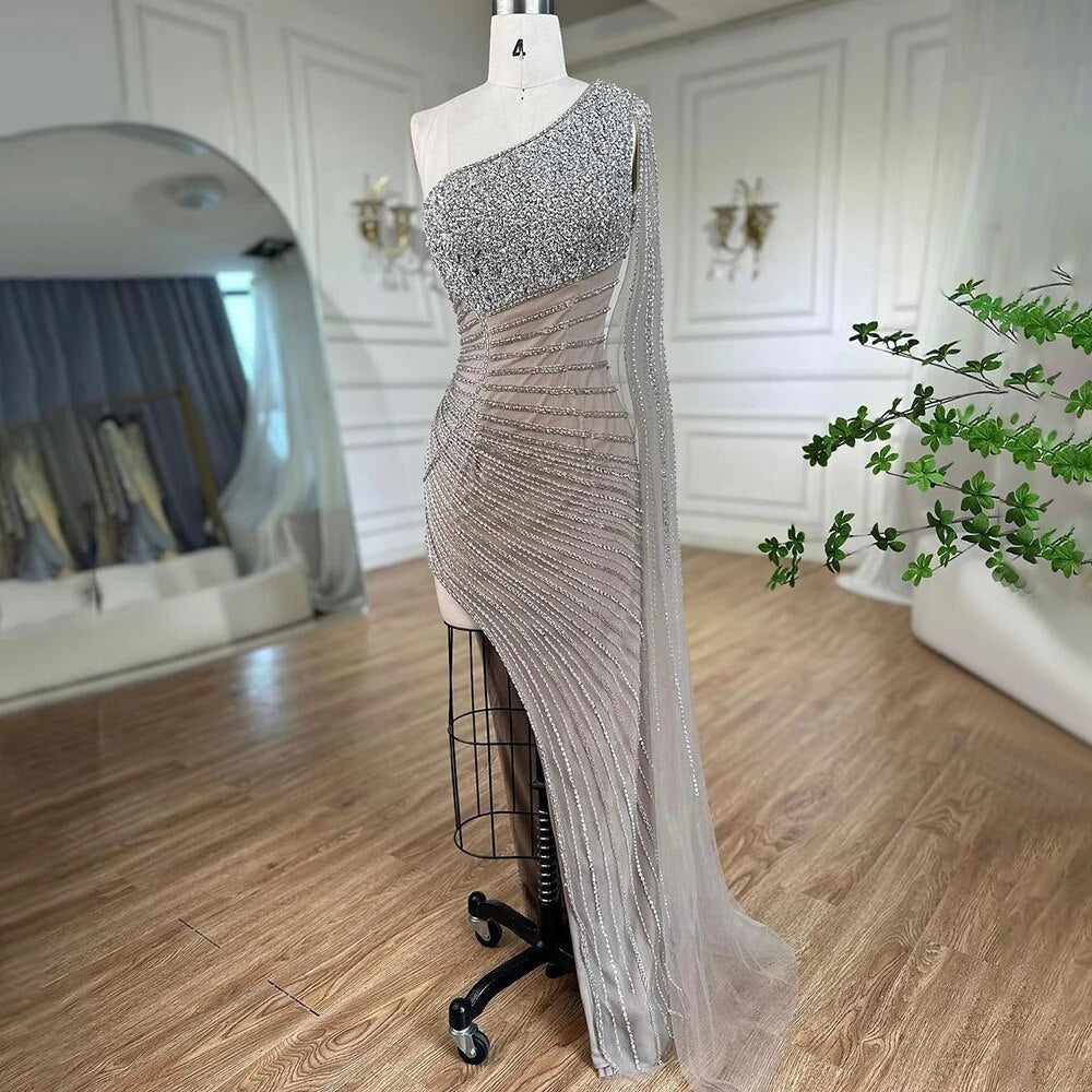 Lila Meerjungfrau Elegant Eine Schulter Sexy High Split Perlen Abendkleider Kleider 2025 Für Frauen Hochzeit Party LA72215 