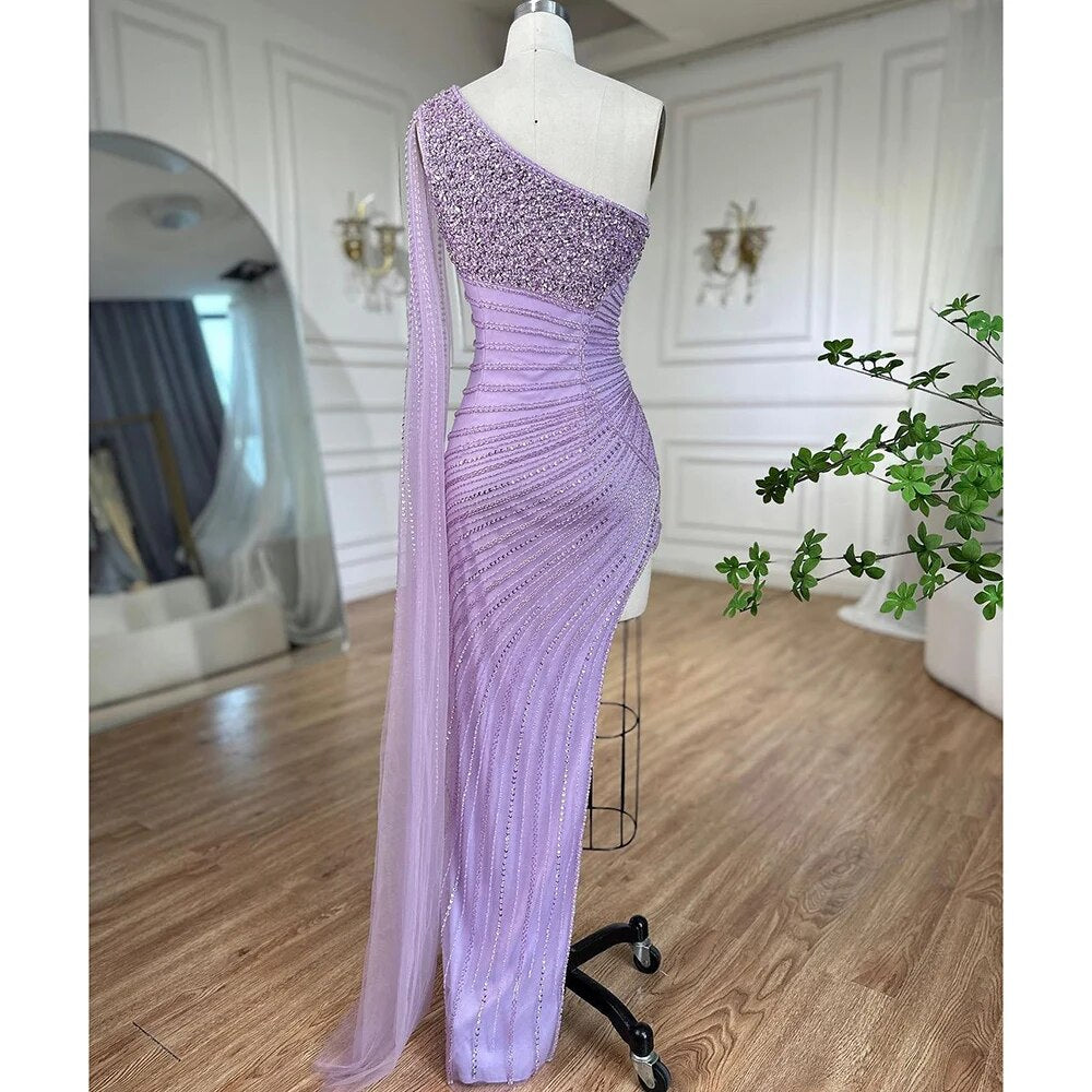 Lila Meerjungfrau Elegant Eine Schulter Sexy High Split Perlen Abendkleider Kleider 2025 Für Frauen Hochzeit Party LA72215 