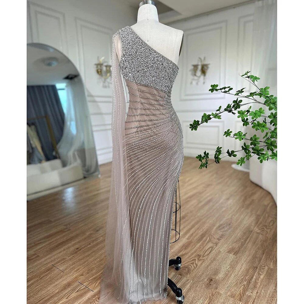 Lila Meerjungfrau Elegant Eine Schulter Sexy High Split Perlen Abendkleider Kleider 2025 Für Frauen Hochzeit Party LA72215 