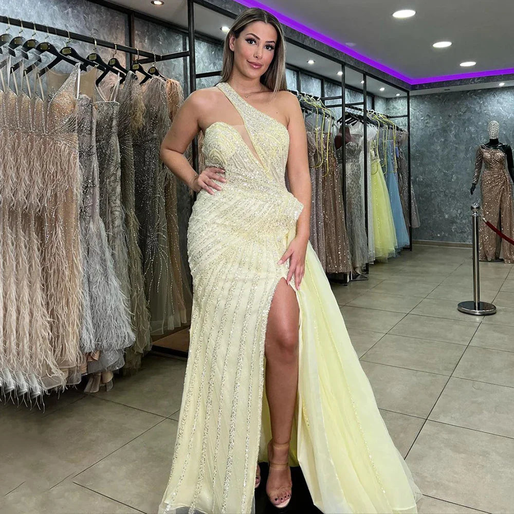 Lila Meerjungfrau Elegant Mit Überrock Sexy Ein-Schulter Abendkleider Kleider Luxus Perlen 2025 Party LA71712 