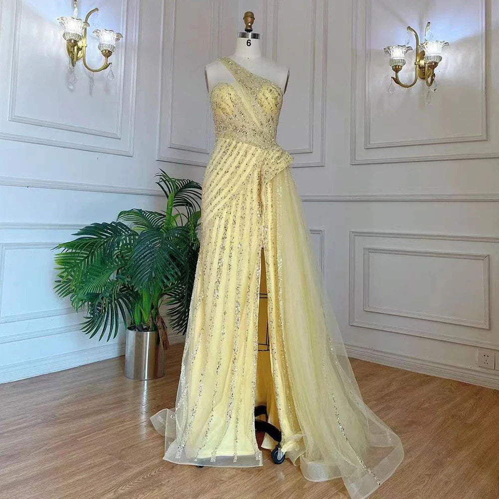 Lila Meerjungfrau Elegant Mit Überrock Sexy Ein-Schulter Abendkleider Kleider Luxus Perlen 2025 Party LA71712 