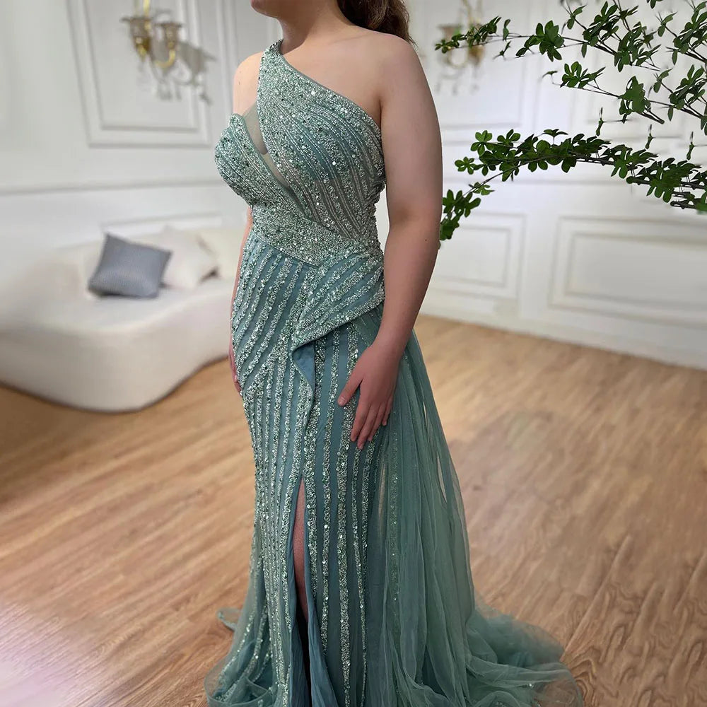Lila Meerjungfrau Elegant Mit Überrock Sexy Ein-Schulter Abendkleider Kleider Luxus Perlen 2025 Party LA71712 