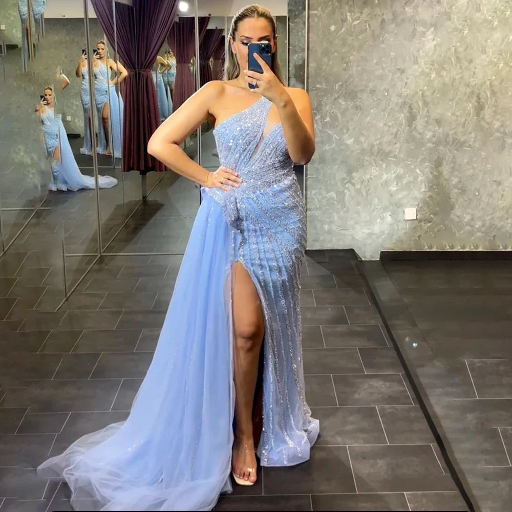Lila Meerjungfrau Elegant Mit Überrock Sexy Ein-Schulter Abendkleider Kleider Luxus Perlen 2025 Party LA71712 