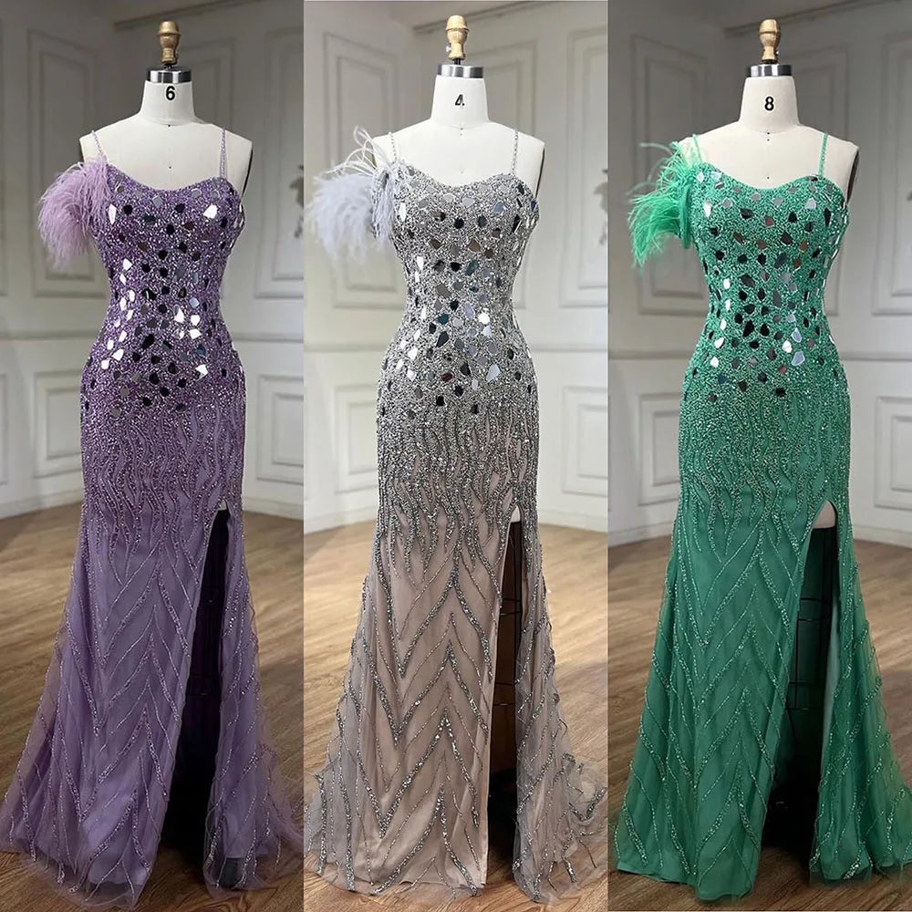 Vestidos de noche de sirena lila 2025 con tirantes finos, abertura alta y lentejuelas con cuentas para fiesta de mujer LA72212A 