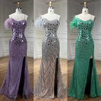Vestidos de noche de sirena lila 2025 con tirantes finos, abertura alta y lentejuelas con cuentas para fiesta de mujer LA72212A 