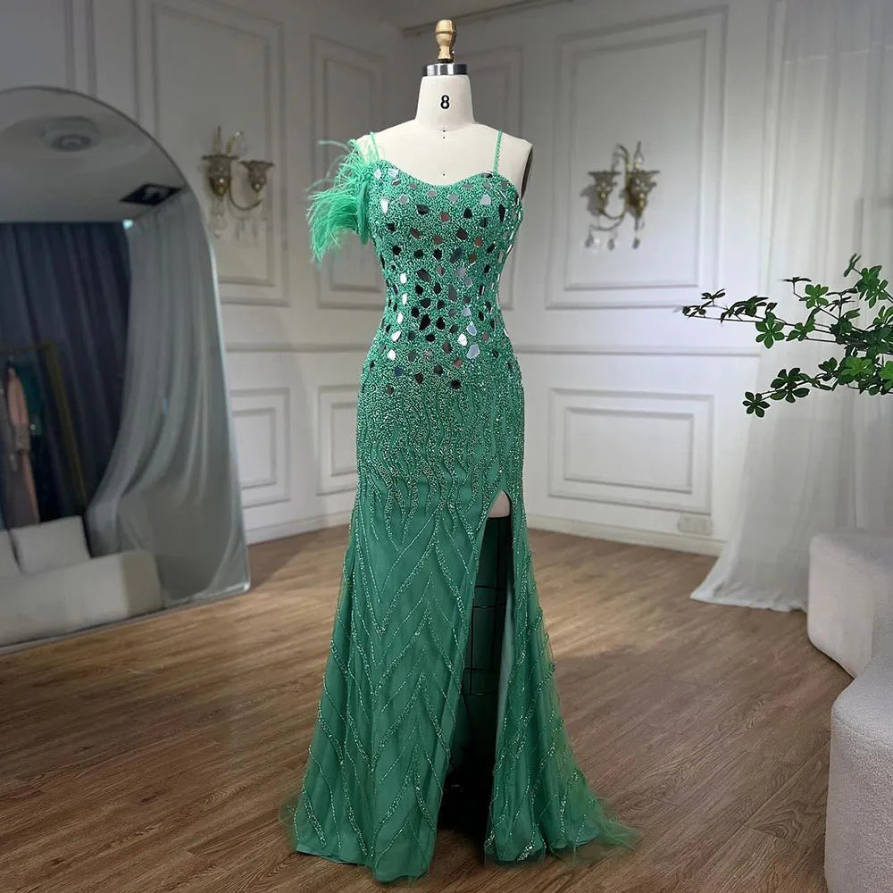 Vestidos de noche de sirena lila 2025 con tirantes finos, abertura alta y lentejuelas con cuentas para fiesta de mujer LA72212A 
