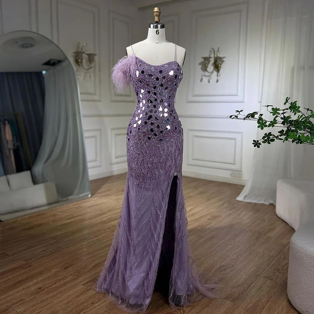 Vestidos de noche de sirena lila 2025 con tirantes finos, abertura alta y lentejuelas con cuentas para fiesta de mujer LA72212A 
