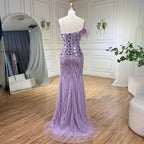 Vestidos de noche de sirena lila 2025 con tirantes finos, abertura alta y lentejuelas con cuentas para fiesta de mujer LA72212A 