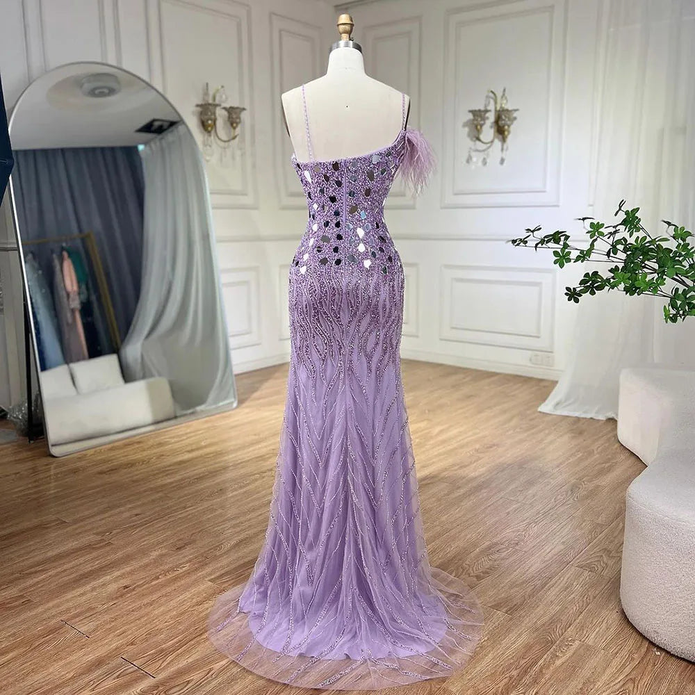 Vestidos de noche de sirena lila 2025 con tirantes finos, abertura alta y lentejuelas con cuentas para fiesta de mujer LA72212A 