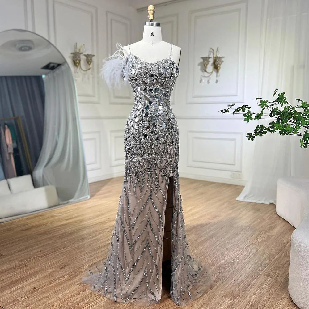 Vestidos de noche de sirena lila 2025 con tirantes finos, abertura alta y lentejuelas con cuentas para fiesta de mujer LA72212A 