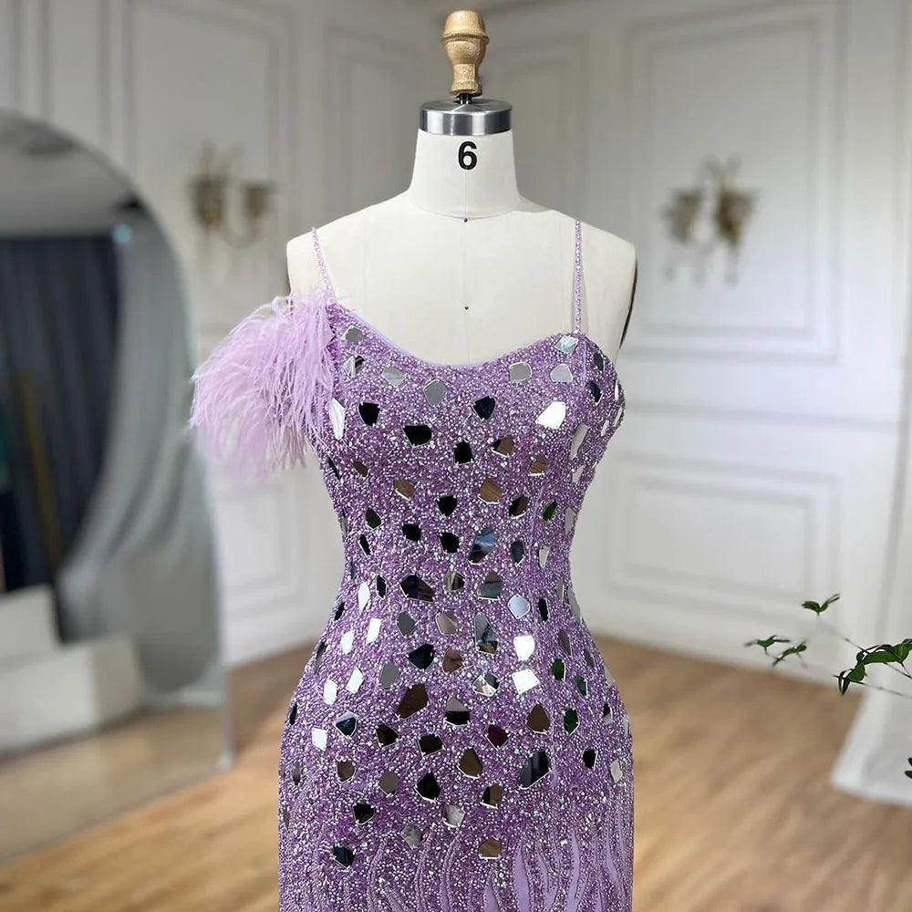 Vestidos de noche de sirena lila 2025 con tirantes finos, abertura alta y lentejuelas con cuentas para fiesta de mujer LA72212A 