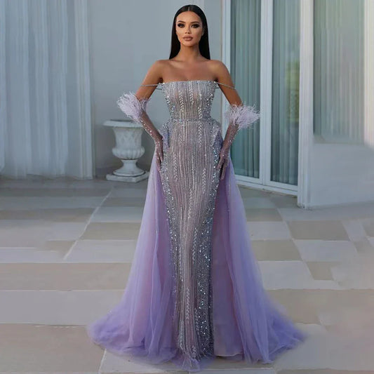 Lilac Mermaid Strapless Overskirt Feather Beaded Evening Dresses With Gloves Gowns 2025 For Women Party LA72029