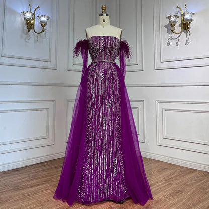 Lilac Mermaid Strapless Overskirt Feather Beaded Evening Dresses With Gloves Gowns 2025 For Women Party LA72029