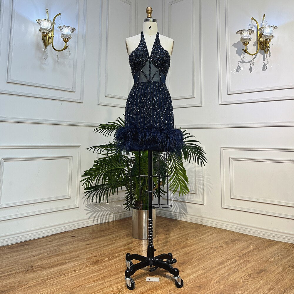 Lila Sexy Meerjungfrau Halfter Off Schulter Kurze Abendkleider Luxus Perlen Feder Mini Kleider 2025 Für Frauen Party LA72037 