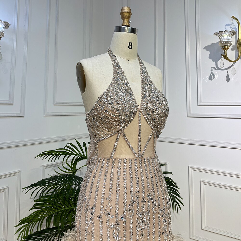 Lilac Sexy Mermaid Halter Off Shoulder Short Evening Dresses Luxury Beaded Feather Mini Gowns 2025 For Women Party LA72037